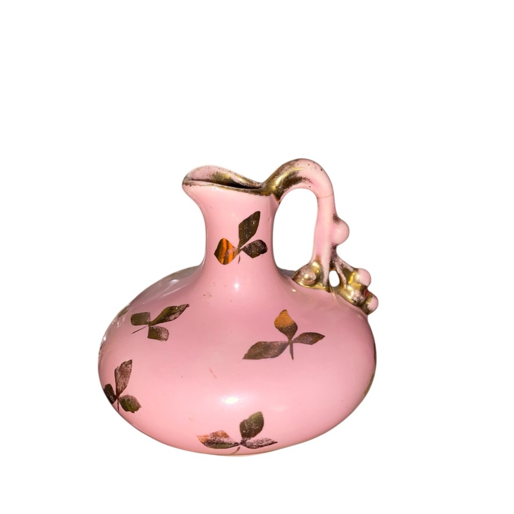 Le Pete Pottery Vintage 50s mini pitcher bud pink gold leaf Bridgerton Coquette - Picture 2 of 9